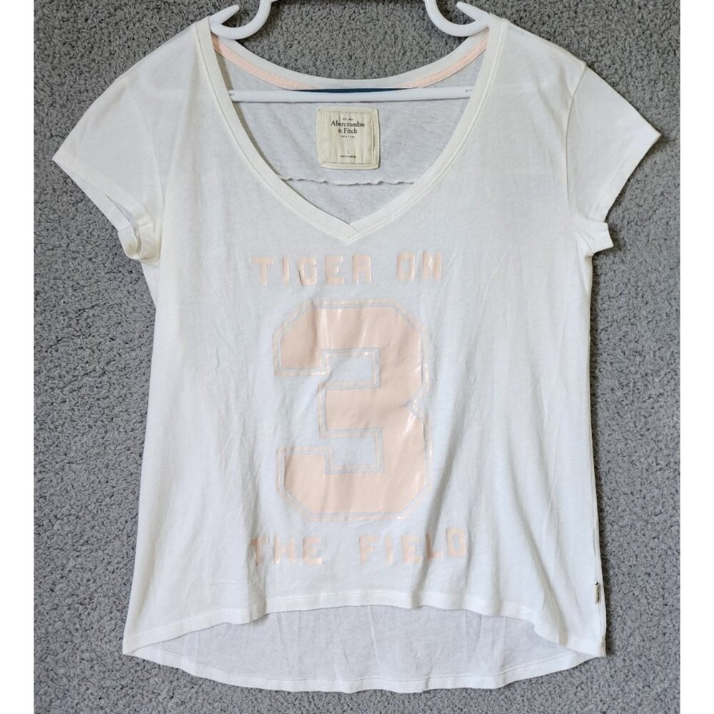 Vtg Abercrombie & Fitch Women's L Short Sleeve V Neck T Shirt Athletic Graphic